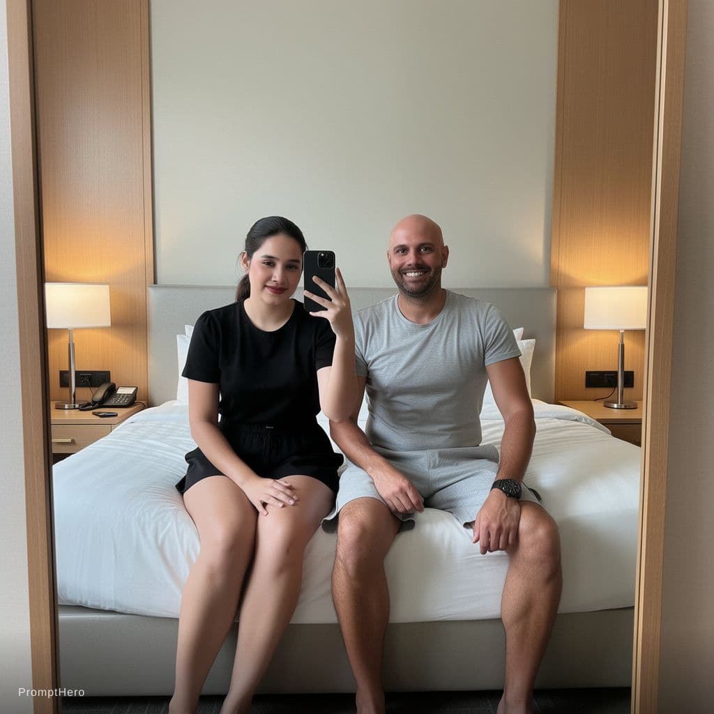 AI generated: {
  "scene": {
    "setting": "Modern hotel room",
    "background_details": {
      "furniture": "L...