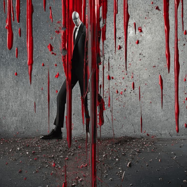 AI generated: scary slenderman figure in black suit with blood all over it, hellish, horror, uncomfortable mysteri...