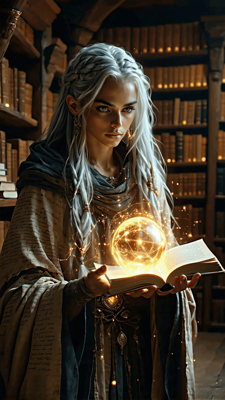 AI generated: An enigmatic librarian, with long silver hair, a thoughtful gaze, and skin adorned with shifting scr...