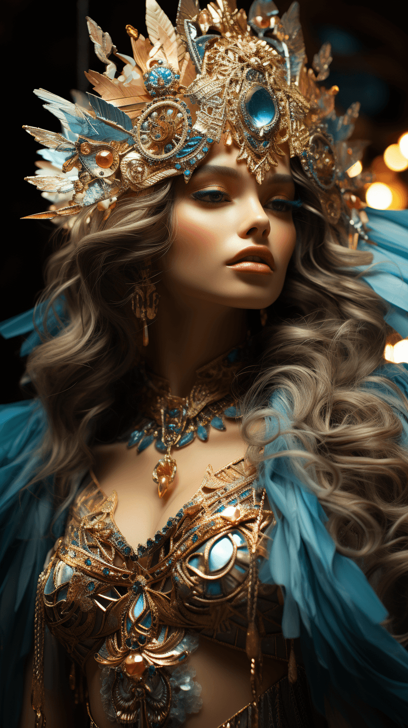AI generated: an image of a woman who has an angel face, in the style of celestialpunk, dark cyan and gold, enchan...