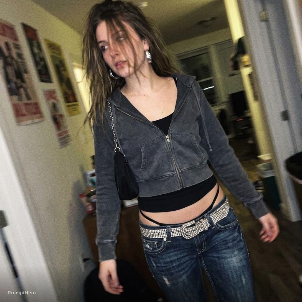 AI generated: a lo-fi 2015s-era, diagonally taken, low-quality iPhone photo of a 20-year-old baddie. The shot is i...