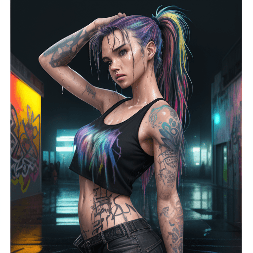 AI generated: masterpiece, concept art, centered, wide shot, front view, 1girl, wet, (rain, night), body tattoo, m...