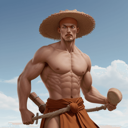 AI generated: Make a battle Monk. 1.95 meters tall. Muscular, with a straw hat. Realistic. Blue eyes.

