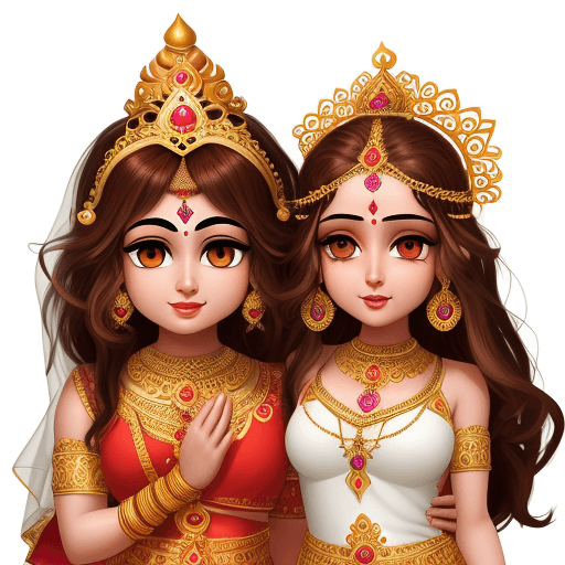 AI generated: a simple cartoon of a beautiful hindu Lord Shree Krishna and Radha with brown hair, white background...