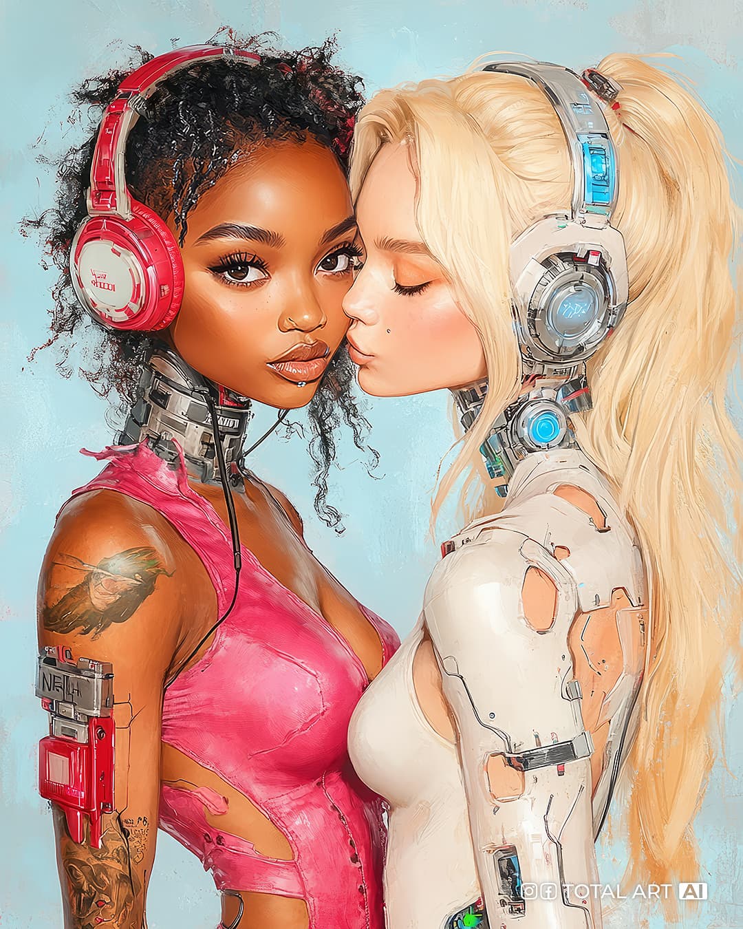 AI generated: Futuristic industrial dystopia cyberpunk supermodels goddess of beauty, one of them is a young beaut...