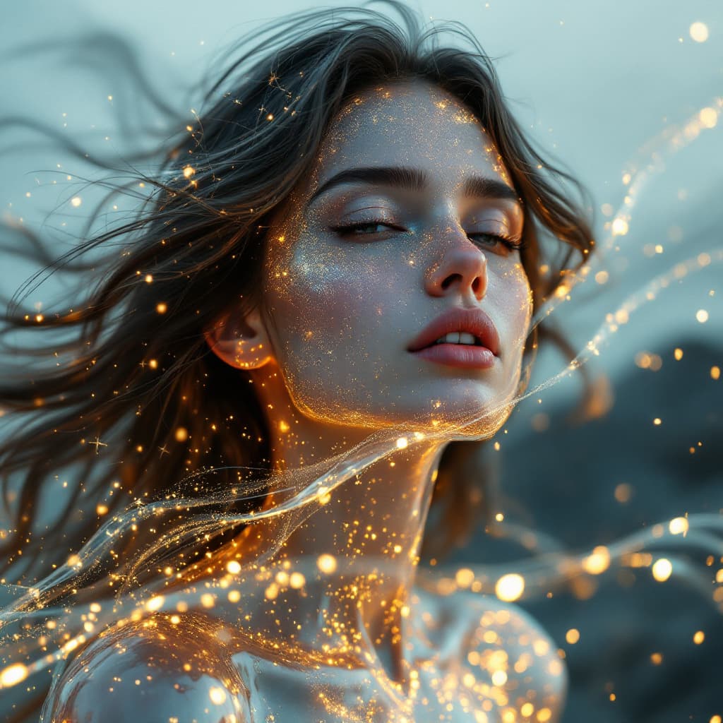 AI generated: A photorealistic 4K image of a woman with transparent, crystal-like skin, glowing from within with a...
