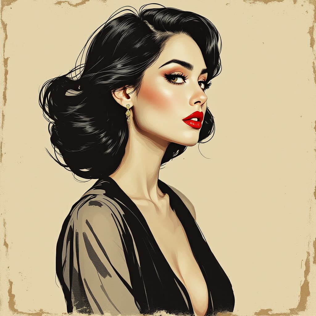 AI generated: Vintage fashion poster of an elegant woman with black hair, drawn in the style pop art retro, featur...