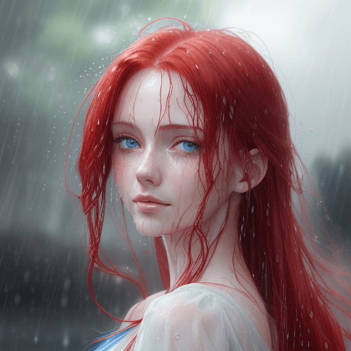 AI generated: A water color of close up model's face, Red hair and blue eyes, raindrops as foreground, a wet look,...