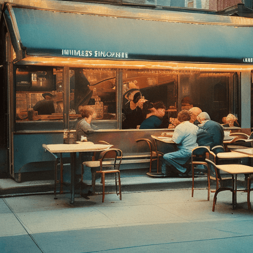 AI generated: A stunning and atmospheric 1970's New York street cafe captured in a nostalgic and cinematic style, ...