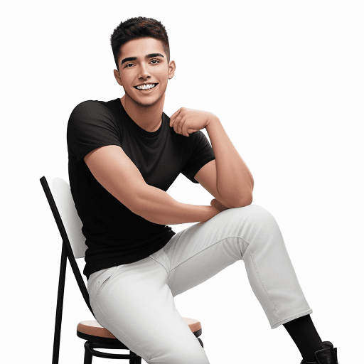 AI generated: Hyper realistic photo of a young man with Latino features sitting on a stool, striking a model pose ...