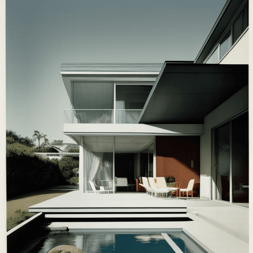 AI generated: Hyper realistic eye level exterior photo of a mid century modern style house overlooking the ocean, ...