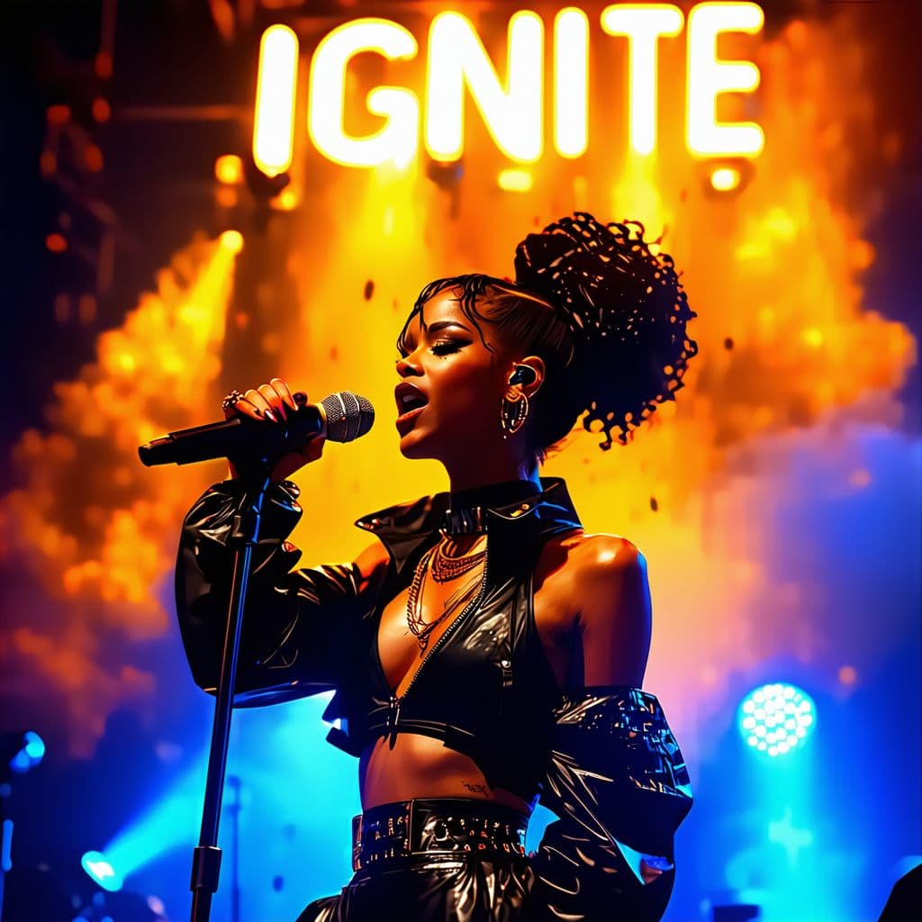 AI generated: a powerful female pop icon performing live on stage, fiery explosions and golden lights behind her, ...