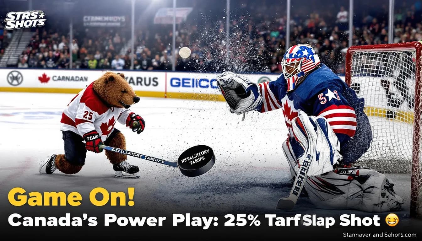 AI generated: Visual: A hockey game where Team Canada (beaver players) slaps a puck labeled "Retaliatory Tariffs" ...