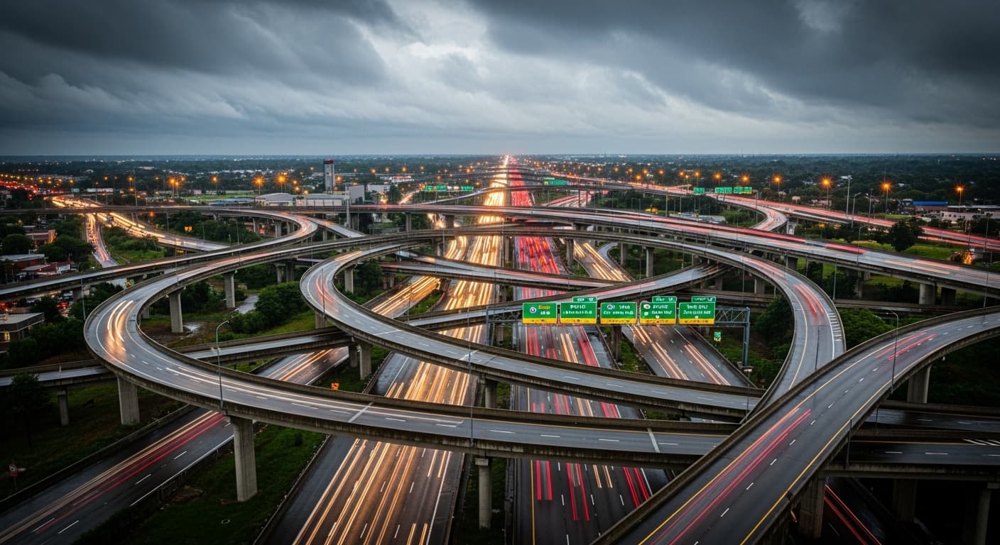 AI generated: masterpiece of an intricate highway road, leading to many destinations, confusing, chaotic, extremis...