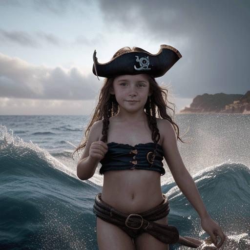 AI generated: Caucasian girl 7 years old, looking straight to camera, donned in Santiago of the Seas show pirate a...