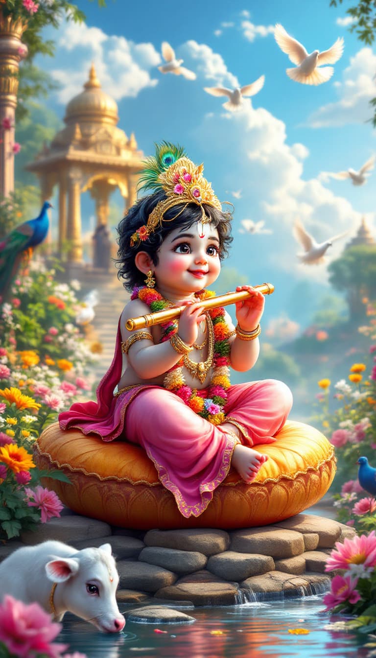 AI generated: "A divine, ultra-HD 8K vertical digital painting of baby Lord Krishna sitting on a decorative cylind...
