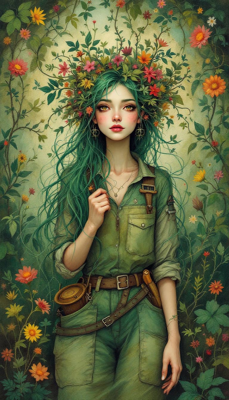AI generated: "Emerald Gardener in a Botanical Vortex": A mesmerizing abstract painting depicts a gardener, embody...