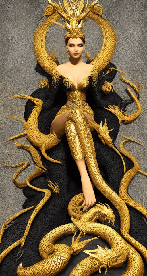 AI generated: A very beautiful queen sitting on a black throne made of gold, with a serpent-dragon like elements a...