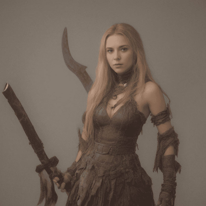 AI generated: a woman dressed in a barbarian costume, posing with two axes.
The woman has long, wavy dirty blonde ...