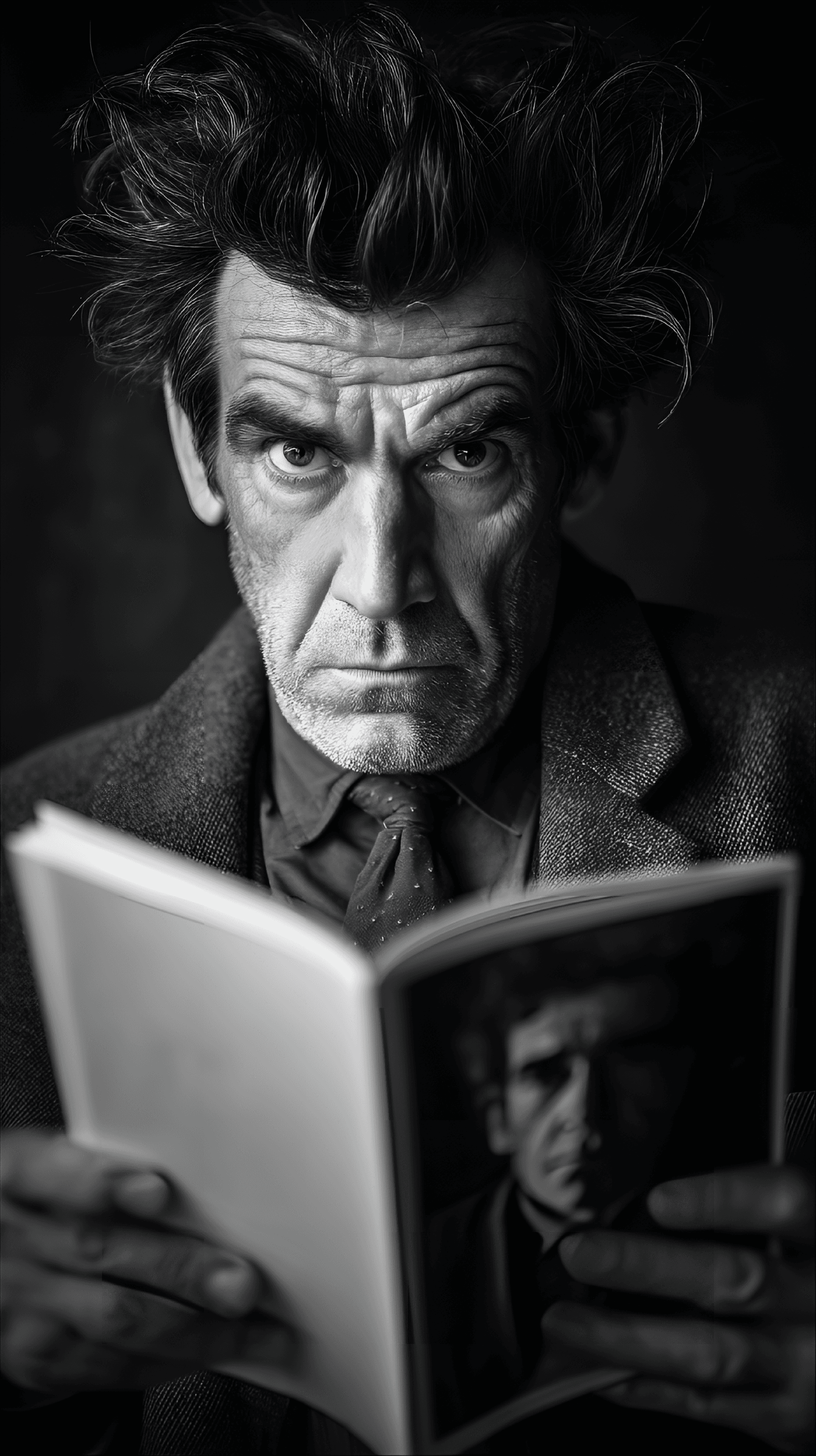 AI generated: Close-up grayscale portrait of a man, middle-aged, Caucasian,  with a serious, almost brooding expre...