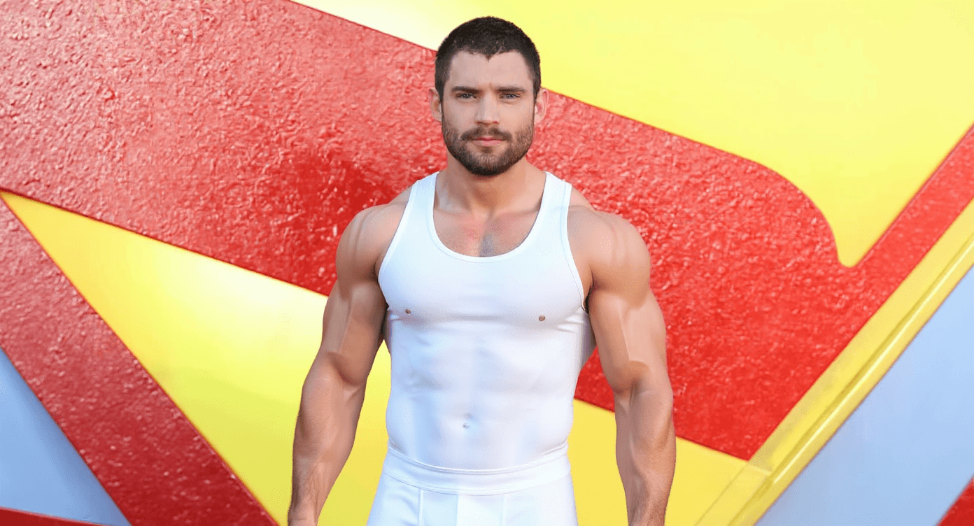 AI generated: a muscular lean man wearing a bulging white speedo with a trimmed facial hair and a buzzed hair cut,...