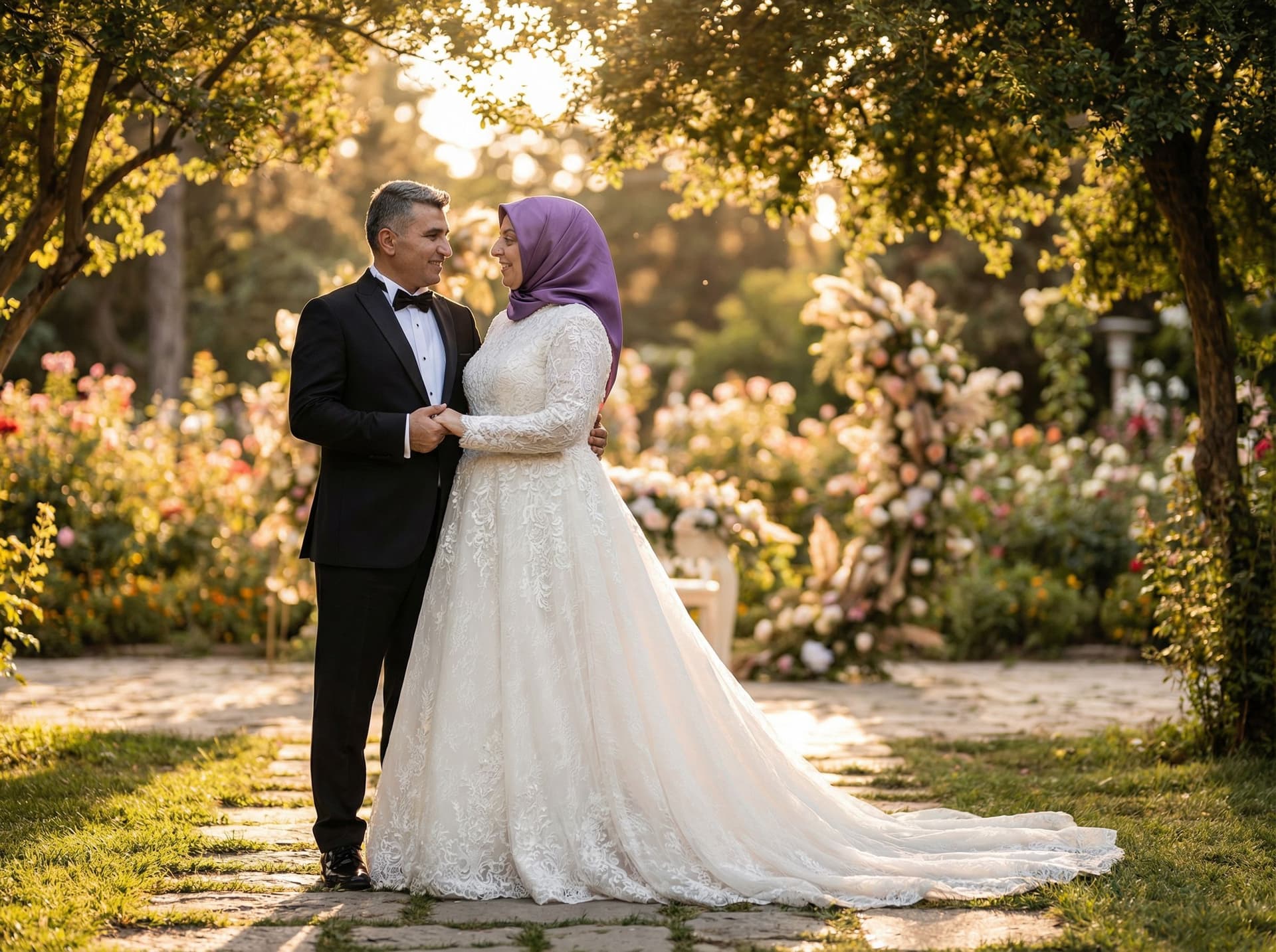 AI generated: Expand the frame of this close-up wedding portrait into a full-body or three-quarter length shot, ma...
