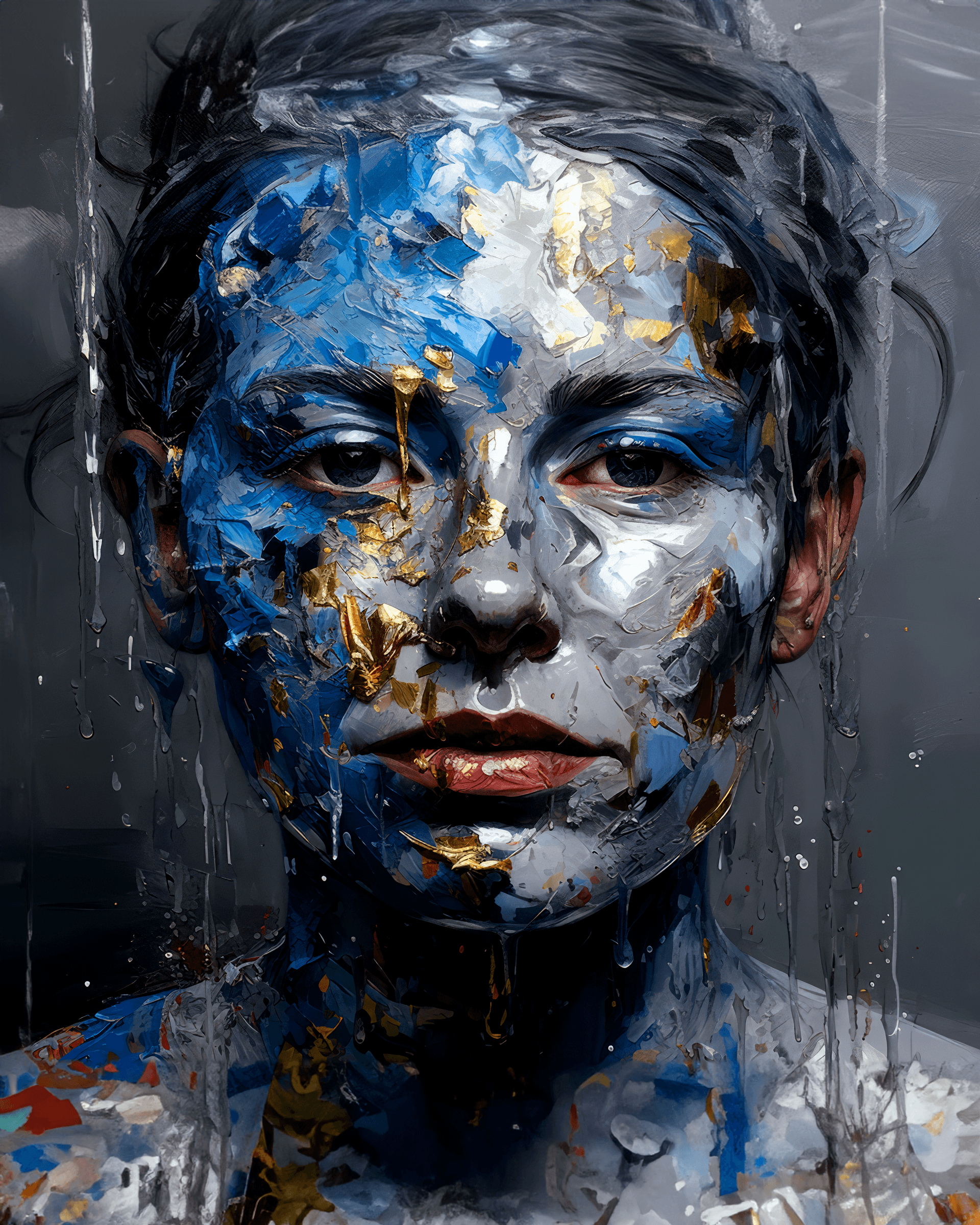 AI generated: glimmer of beauty cover art, in the style of glitch aesthetic, made of liquid metal, ritualistic mas...