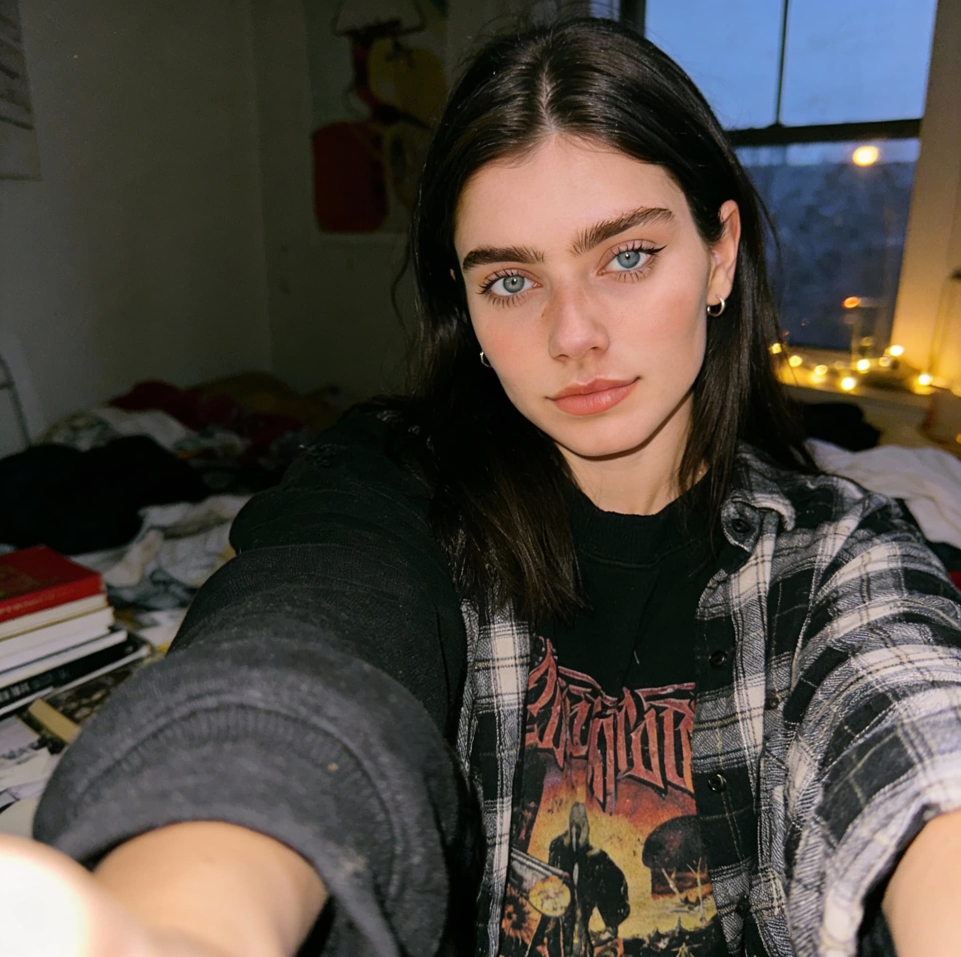 AI generated: Ultra-realistic photo of Yara captured late at night in her bedroom, leaning against a slightly crac...