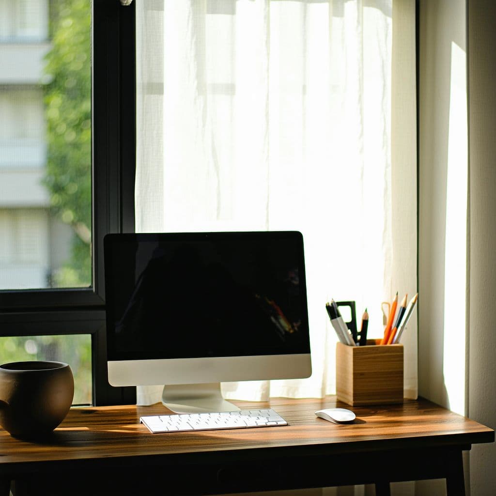 AI generated: photograph, home office, minimal, soft sunlight, warm artificial light casting, creating a warm whit...
