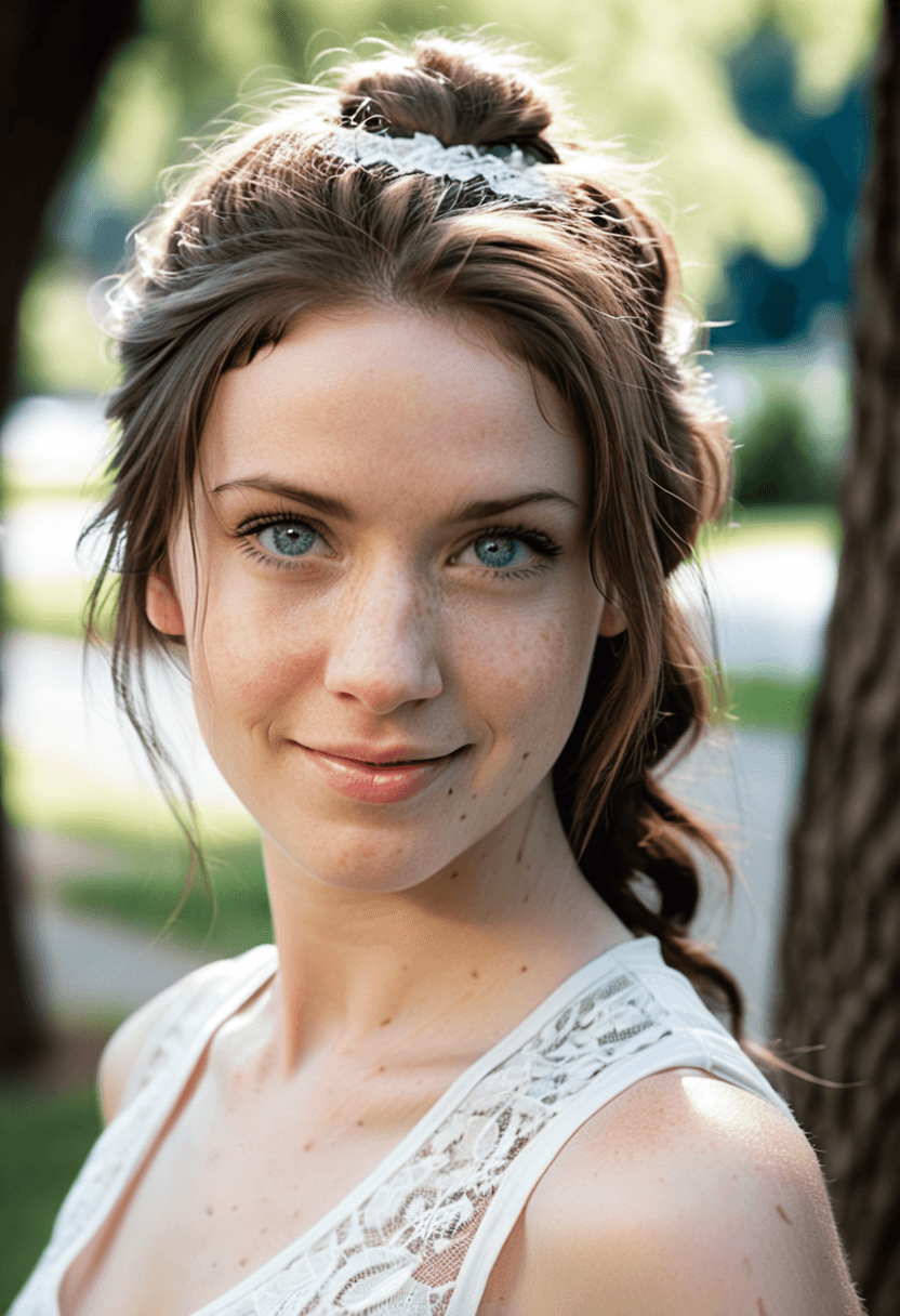 AI generated: This is a photograph of a woman walking outside with trees and foliage in the background. She is loo...