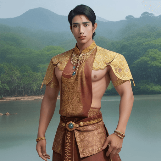 AI generated: young Handsome Muscular Majapahit prince, wearing brown batik and gold accessories, head to toe view...