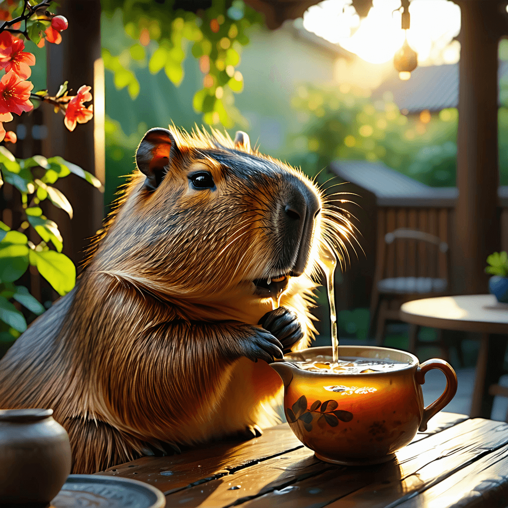 AI generated: A capybara drinking hot mate (a traditional infusion), Lens Flare, 2D, Sitting in a garden during su...