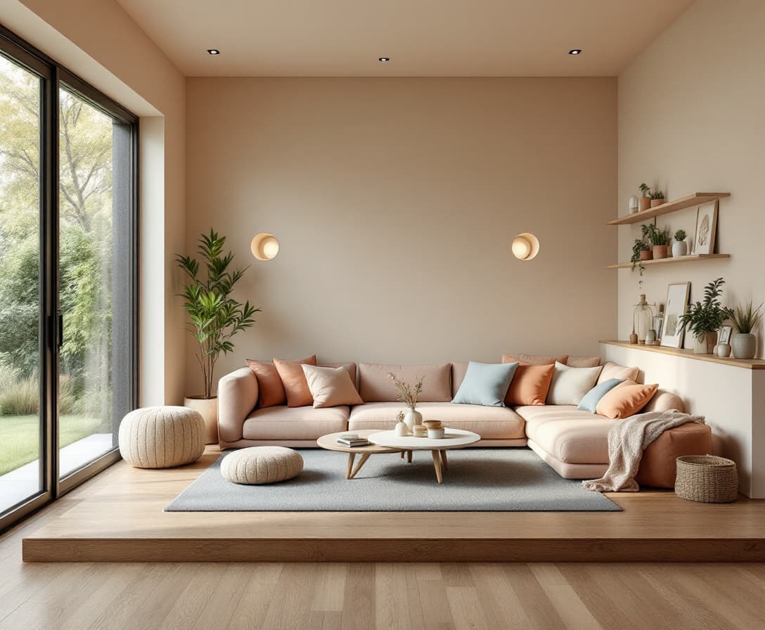 AI generated: High resolution photography interior design, dreamy sunken living room conversation pit, wooden floo...
