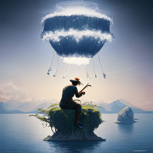 AI generated: A drummer play on the floating isle.
dreaming world on the distance 