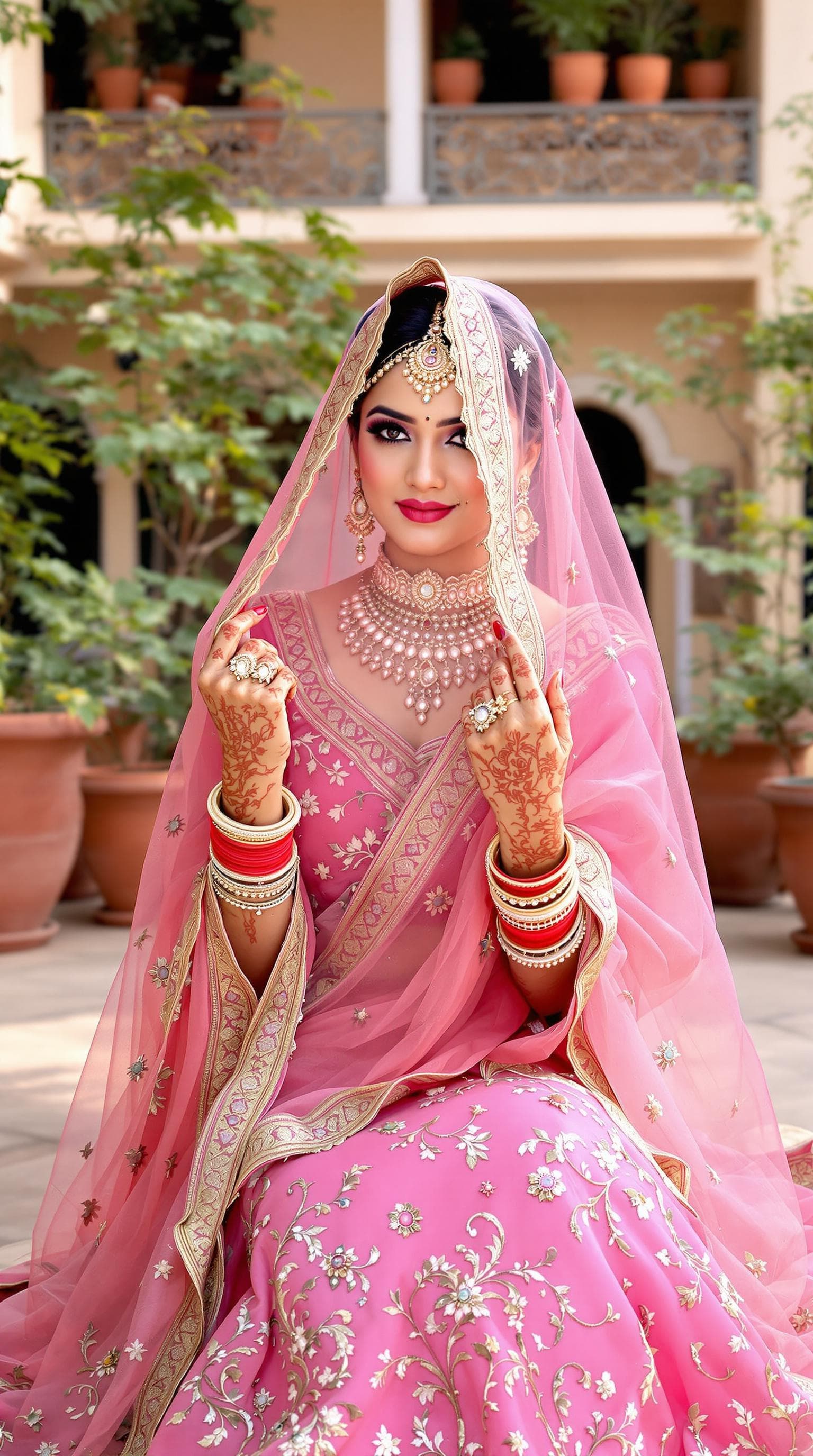 AI generated: "A traditional Rajasthani woman sitting gracefully in a courtyard, wearing a beautiful pink lehenga ...