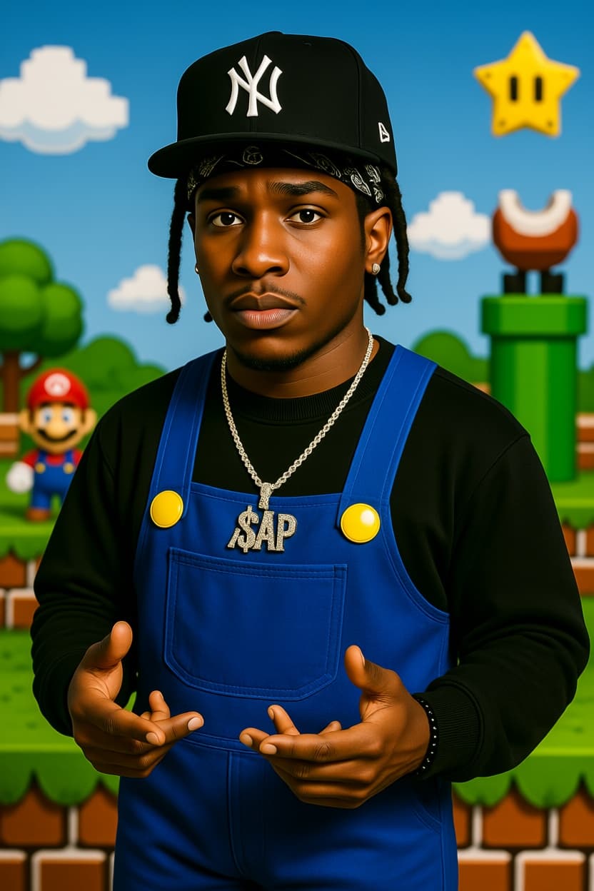 AI generated: Place him on Super Mario scenario