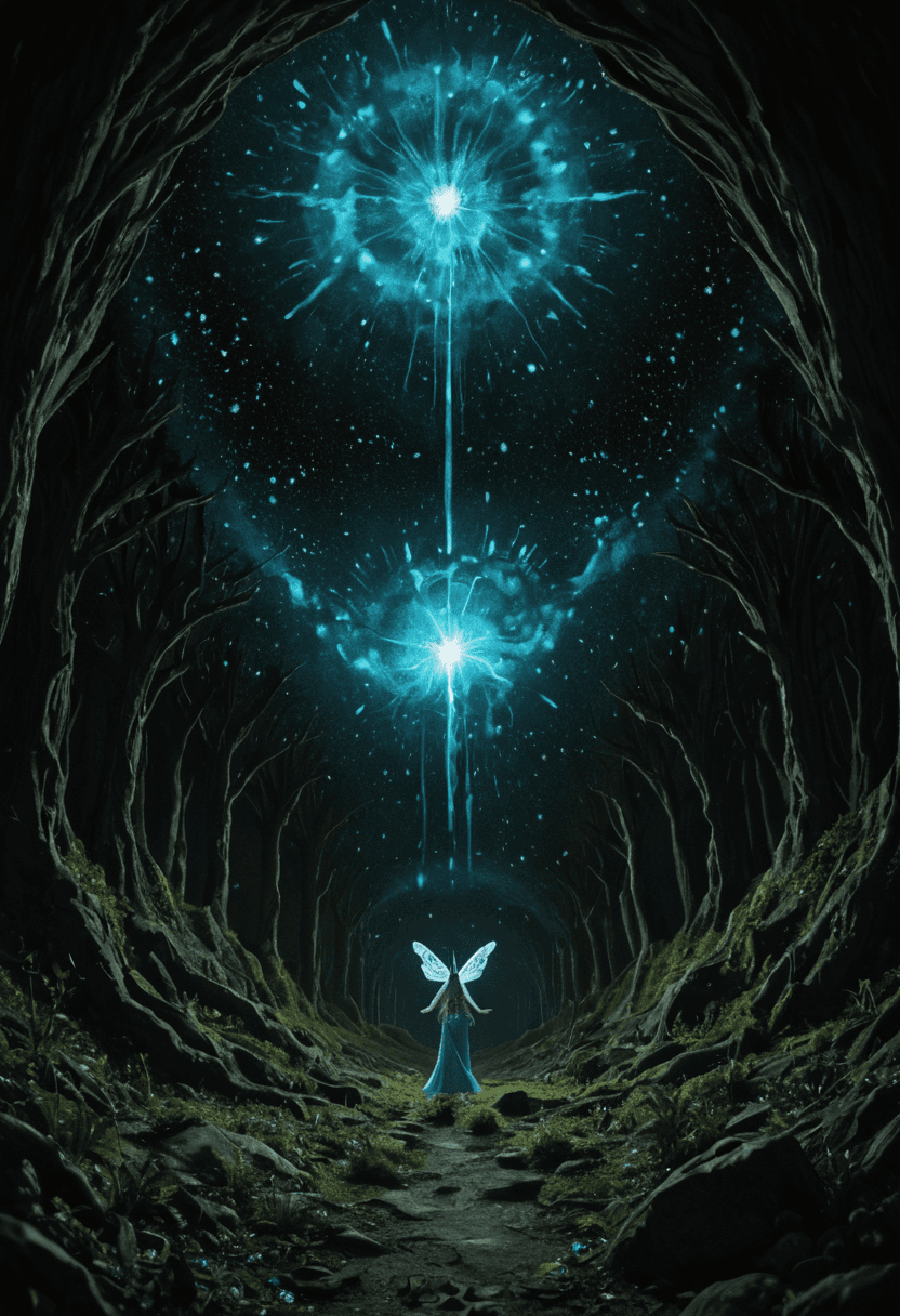 AI generated: Fairy tale A vast exoplanet with bioluminescent forests under a swirling galaxy of stars and nebulas...