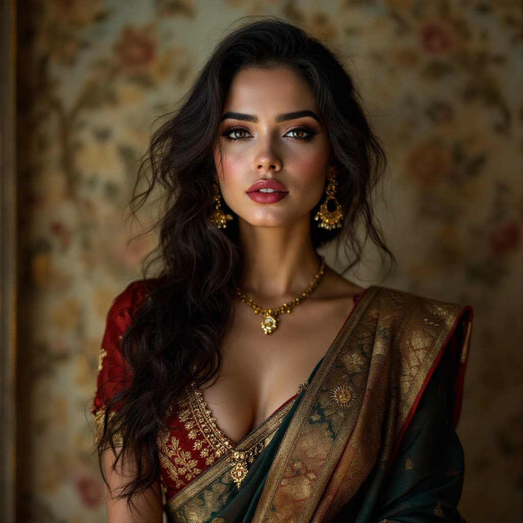 AI generated: Lana Rhoades, indian style hair, indian sari with tight blouse, romantic 