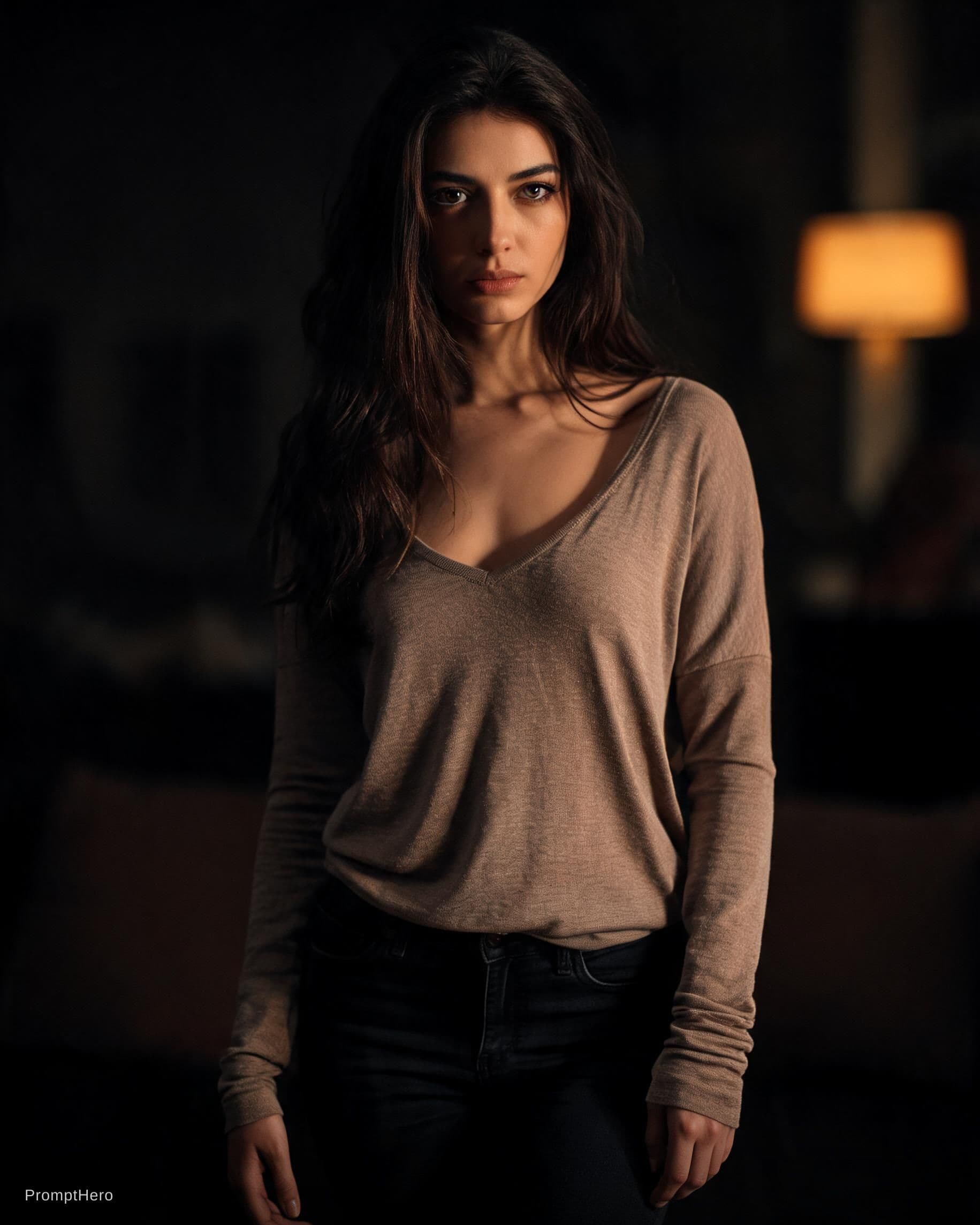 AI generated: A cinematic, photorealistic portrait of a woman in a dimly lit, moody interior. She stands in a deep...
