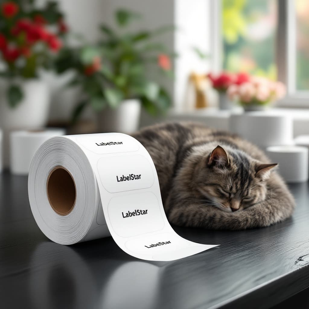 AI generated: Create Image: Sticker Label Roll.
• Colors: Full Roll — White color;
• Stickers on roll: circle, whi...