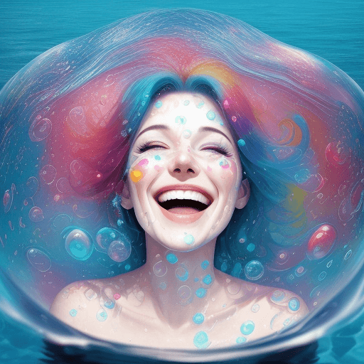 AI generated: a woman 30 years old, laughing, surrounded by  colorful water bubbles. realistic