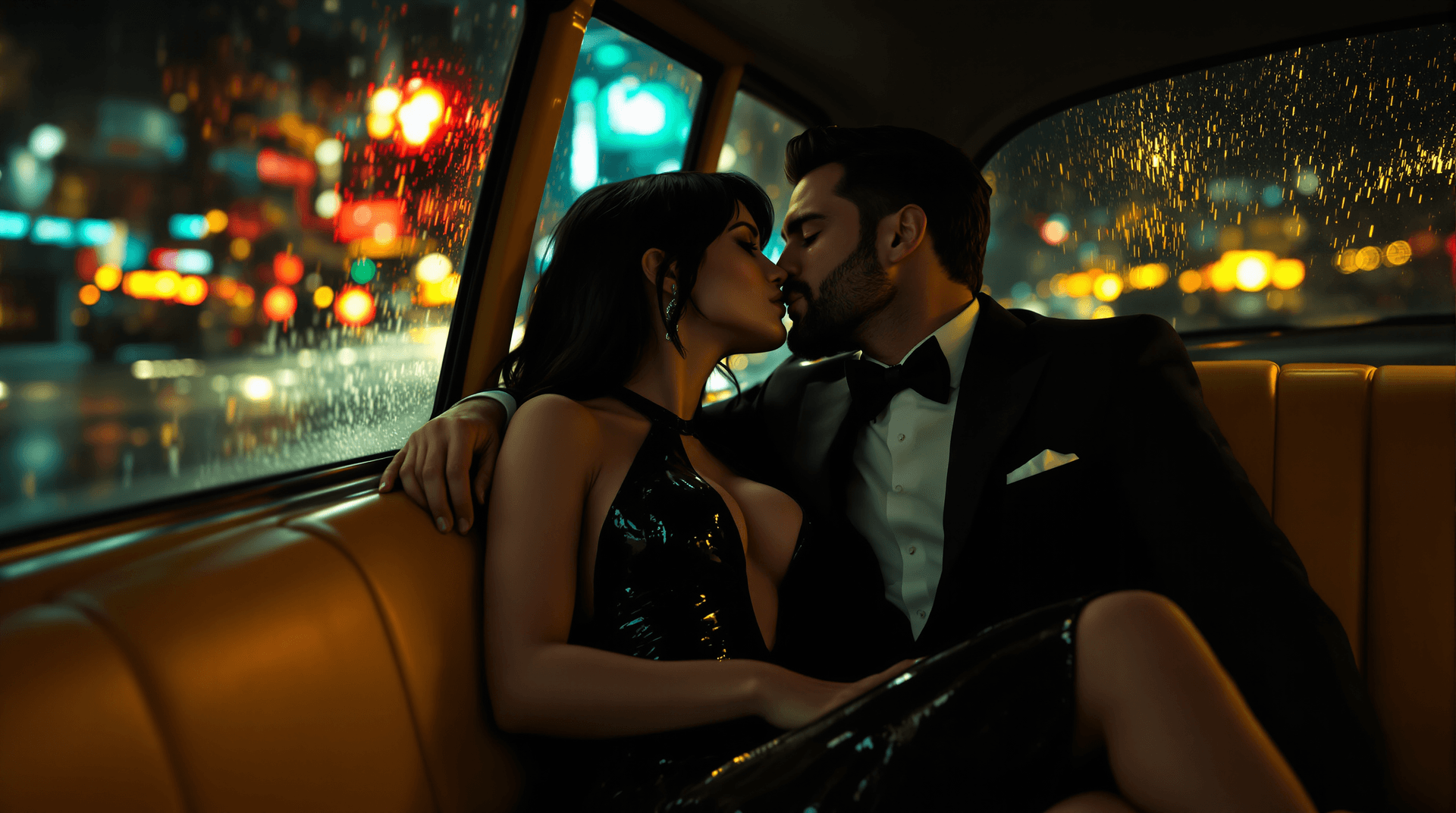 AI generated: left side close-up photo of Interior of a yellow cab at night. A Caucasian couple (Lilith and Jon) i...