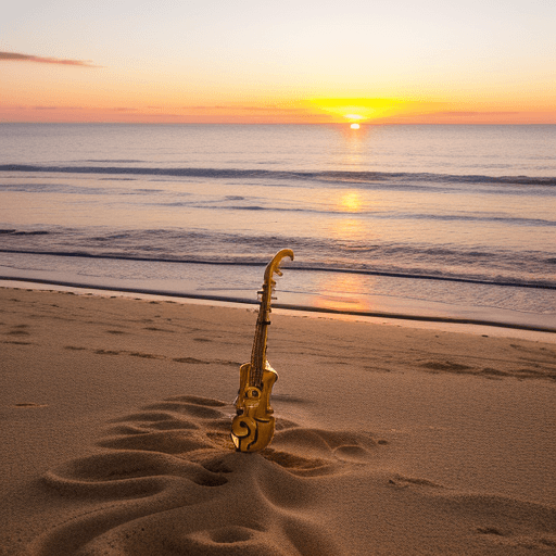 AI generated: The scene features a calm, sunny beach during a vibrant sunset with hues of orange, gold, and pink. ...