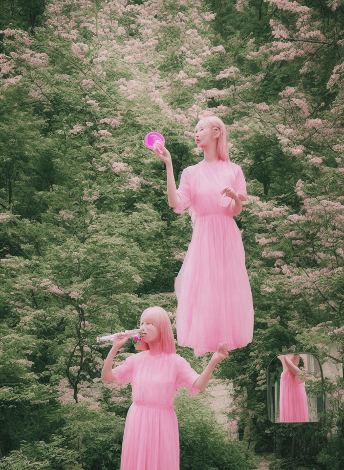 AI generated: blond Chinese woman in pink dress brushing teeth in front of mirror, pink dress, translucent dress, ...