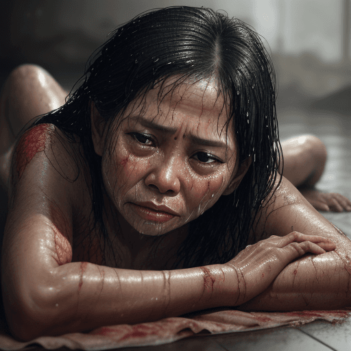 AI generated: sadness and suffering, middleage beautiful indonesian woman crying, body with wide and bleeding woun...