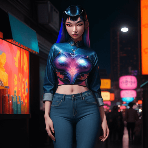 AI generated: a beautiful asian model in jeans at night, in the style of casey weldon, detailed attention to costu...