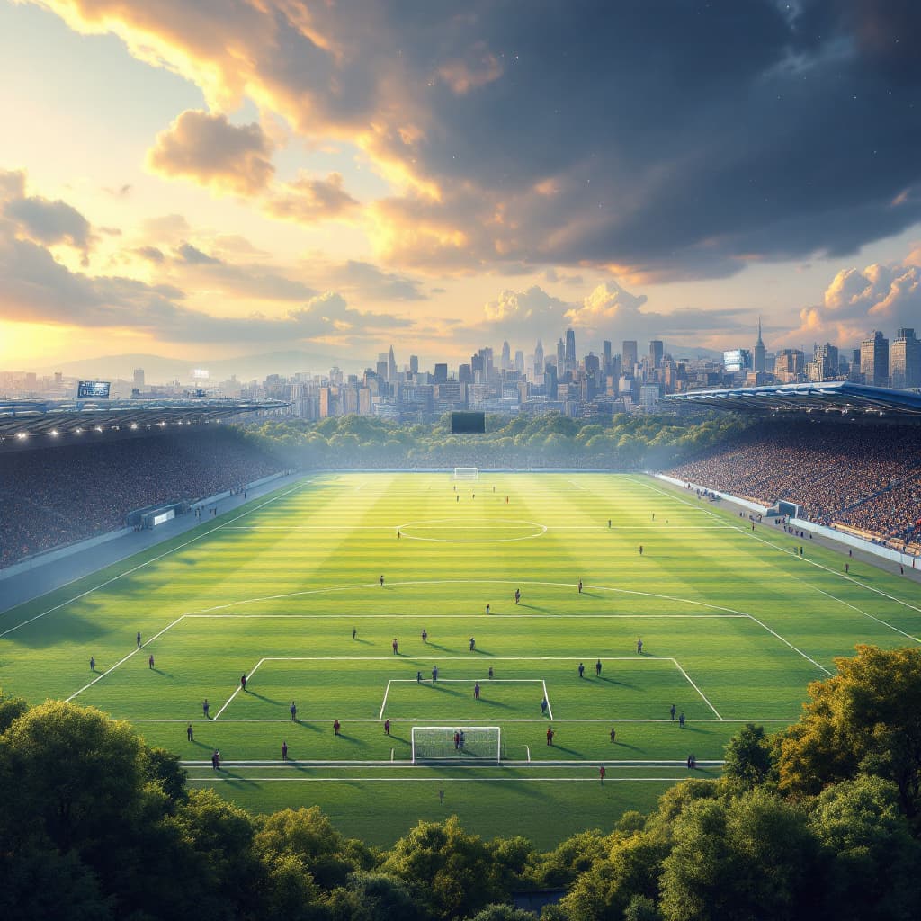 AI generated: After designing a 12-dimensional space-time. Design a sports field with people playing football ther...