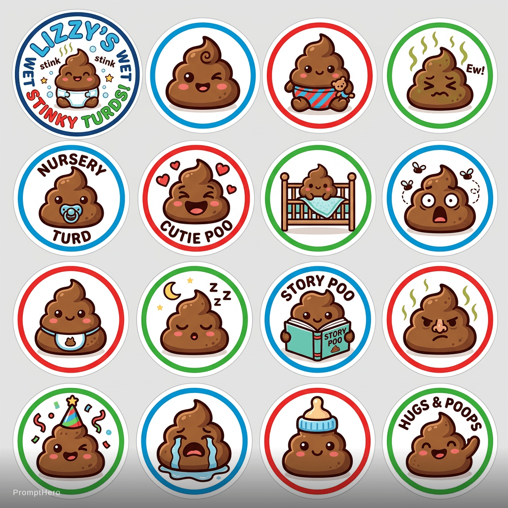 AI generated: Circular stickers, logo reads "Lizzy's Wet Stinky Turds!", nursery themed, cute, stinky, poop,turds,...