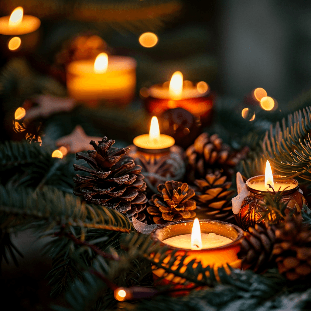 AI generated: a collection of candles and pine cones on top of christmas tree, in the style of tabletop photograph...