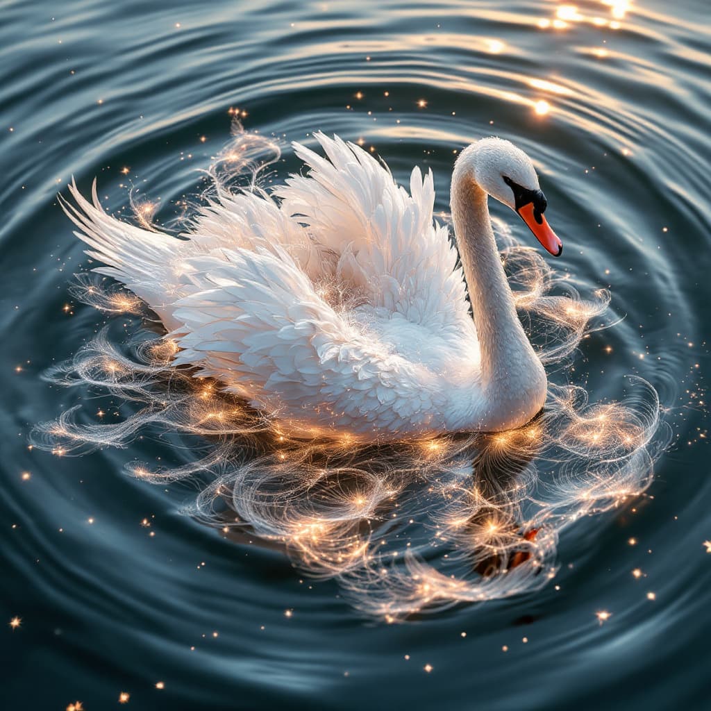 AI generated: Photorealistic extreme wide-angle lens, breathtaking overhead shot of a (White Swan gliding on still...